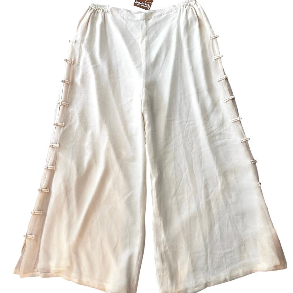 NWT Simply Silk Ivory Wide Leg Pants Frog Closure Boho Resort XL Silk Y2K 90s 80